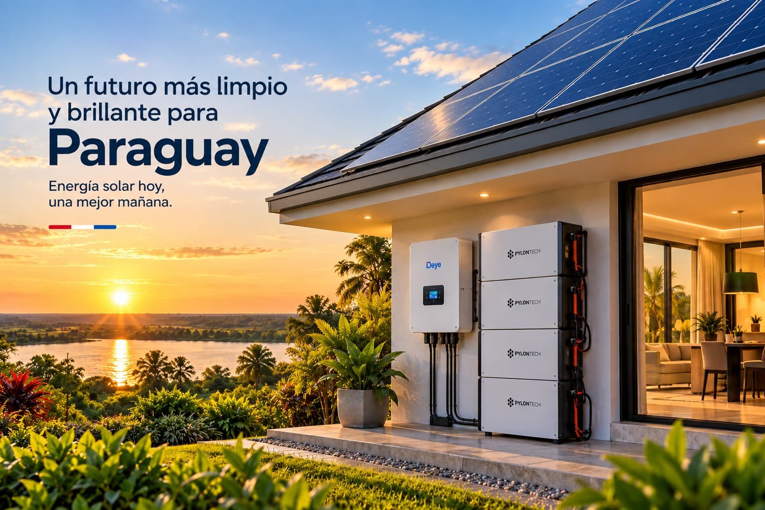 Sistema de energía solar con paneles, inversor y baterías de litio en Paraguay
