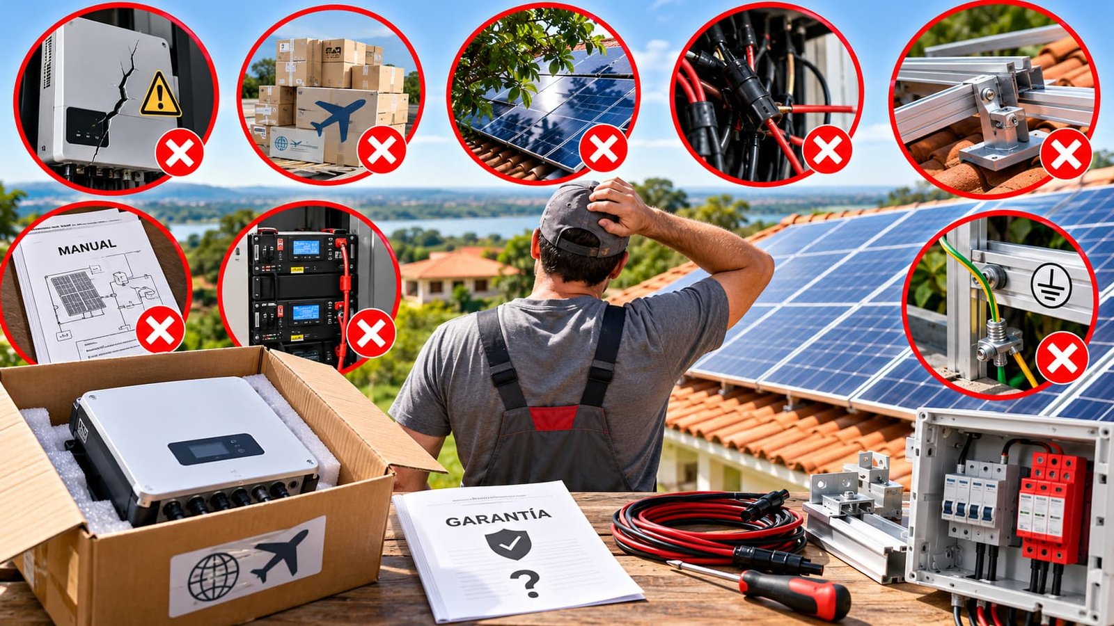 Los siete errores más comunes en instalaciones solares por cuenta propia en Paraguay: elección del inversor, garantía internacional, baterías LiFePO₄, protecciones DC, conexiones y montaje de paneles.