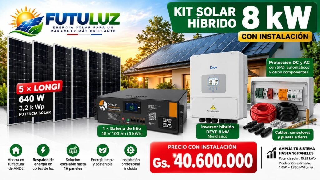 Kit solar híbrido FUTULUZ con inversor DEYE de 8 kW, 5 paneles LONGi de 640 W, batería de litio de 48 V 100 Ah, protecciones eléctricas e instalación incluida por Gs. 40.600.000 en Paraguay.