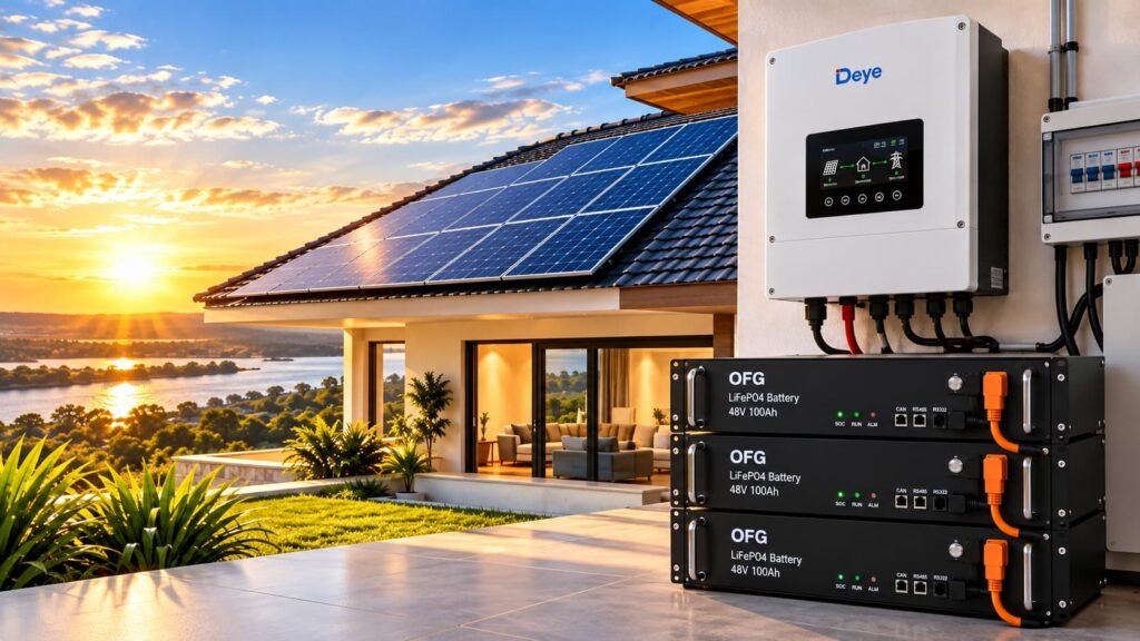 Sistema solar residencial en Paraguay con paneles solares, inversor híbrido Deye y baterías de litio LiFePO4 para almacenamiento de energía.
