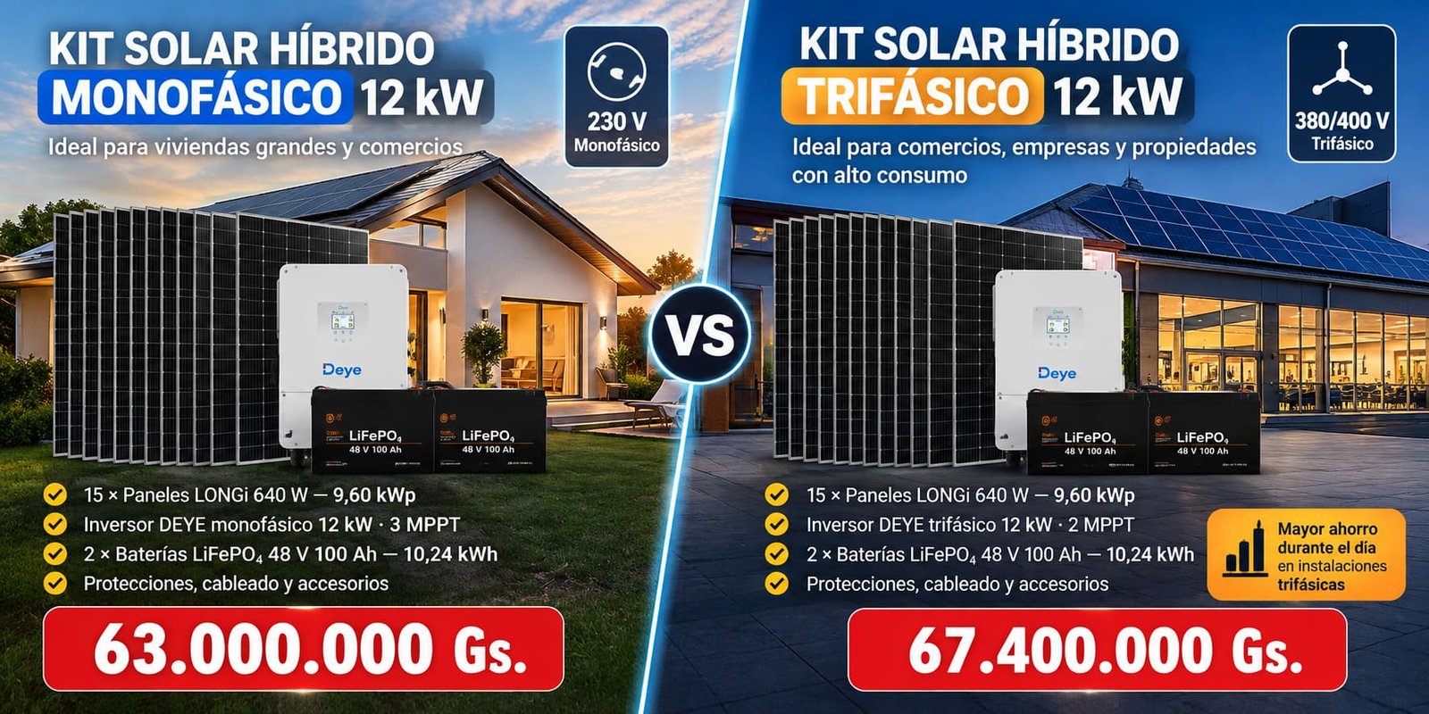 Comparación de kits solares híbridos DEYE de 12 kW monofásico y trifásico en Paraguay, con paneles LONGi 640 W y baterías LiFePO₄.