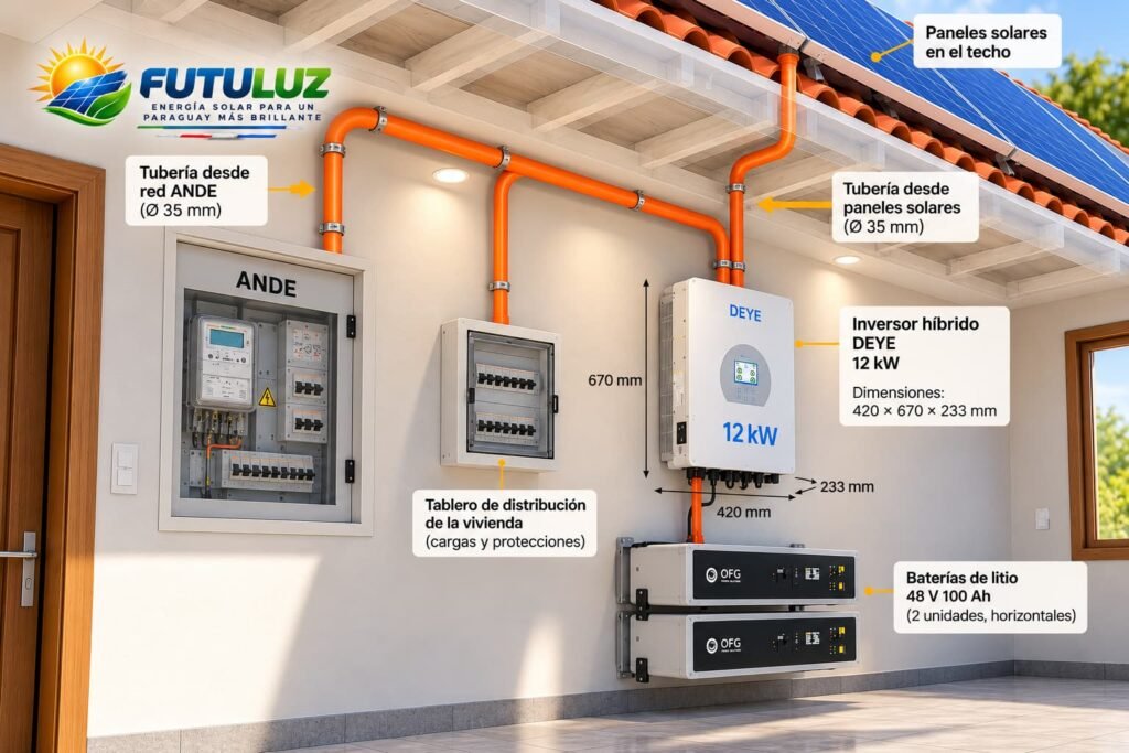 Preinstalación de sistema solar híbrido DEYE 12 kW – FUTULUZ