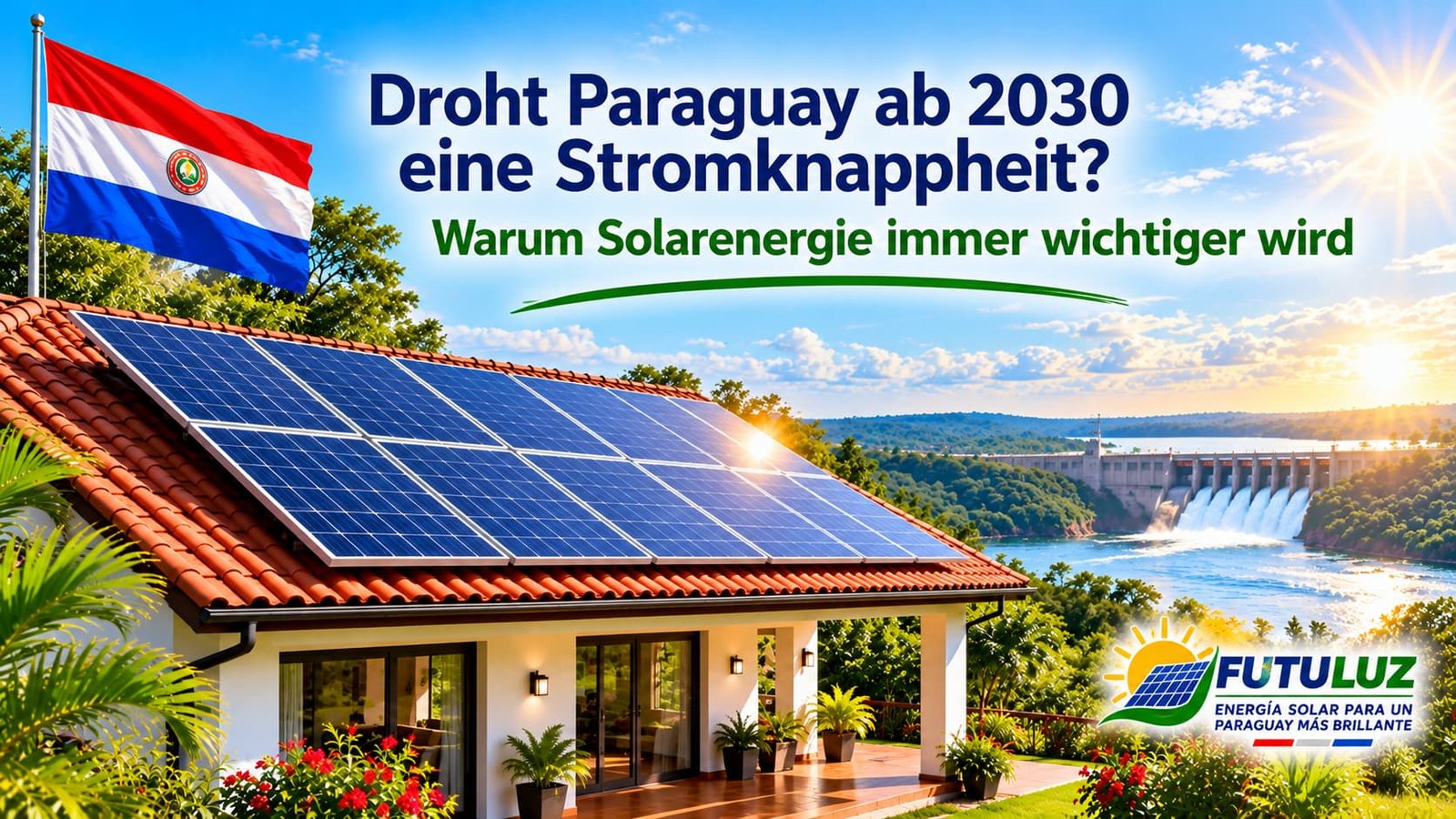 Stromknappheit Paraguay 2030 – Solaranlage auf einem Haus mit FUTULUZ und Wasserkraftwerk im Hintergrund